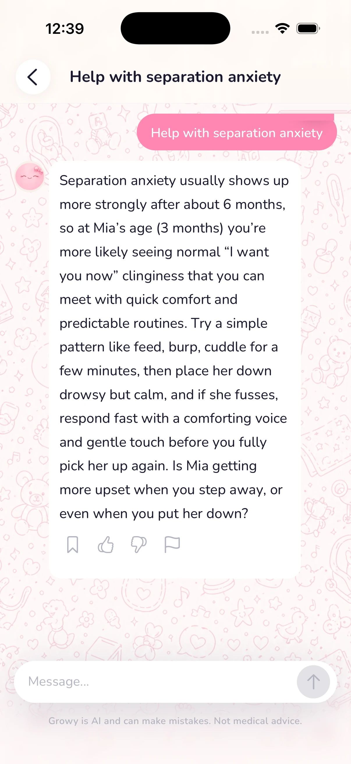 A real Growy conversation: age-aware guidance for a 3-month-old