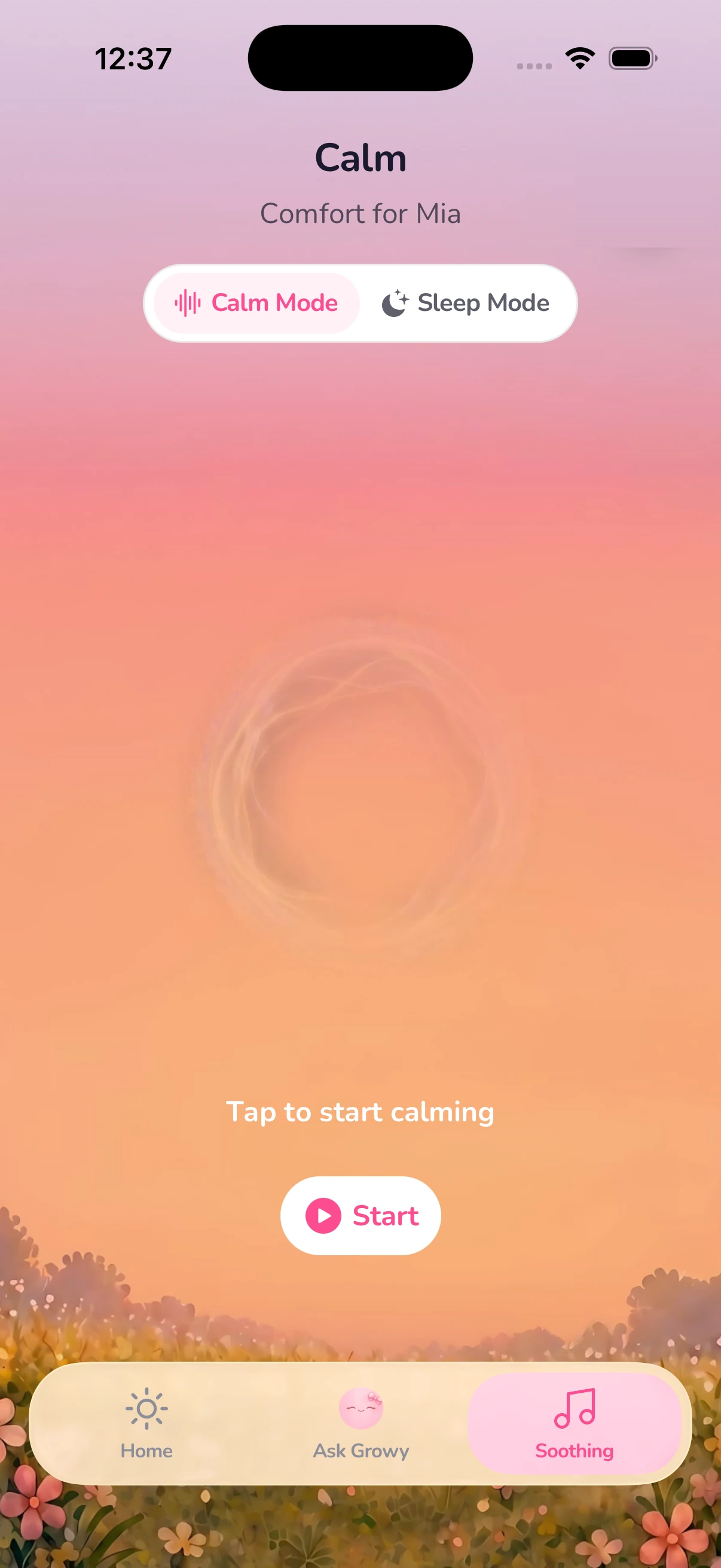 Calm mode: a warm sunset scene with one Start button