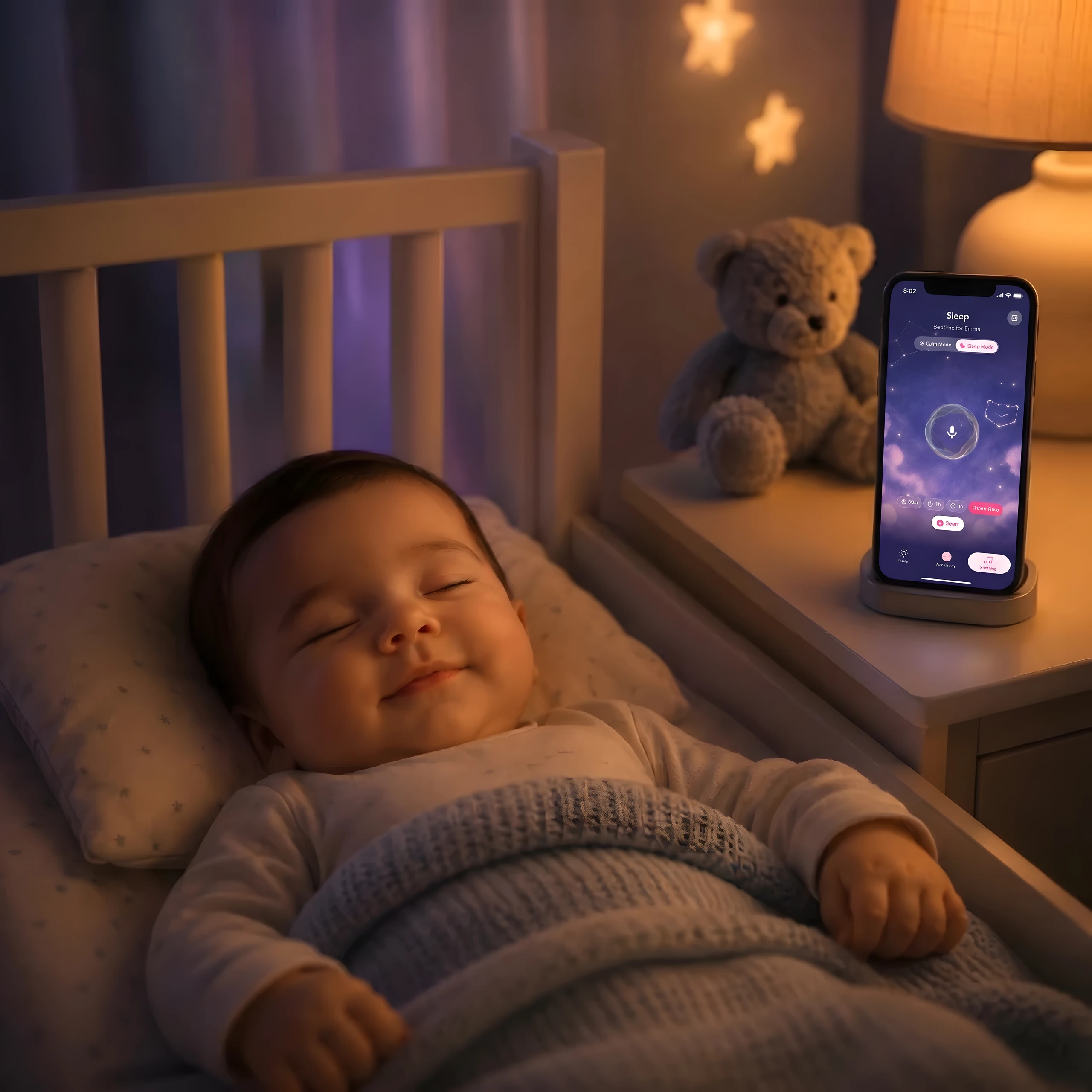 A baby sleeping peacefully in a crib while Growbaby's Sleep mode runs on the phone at the nightstand